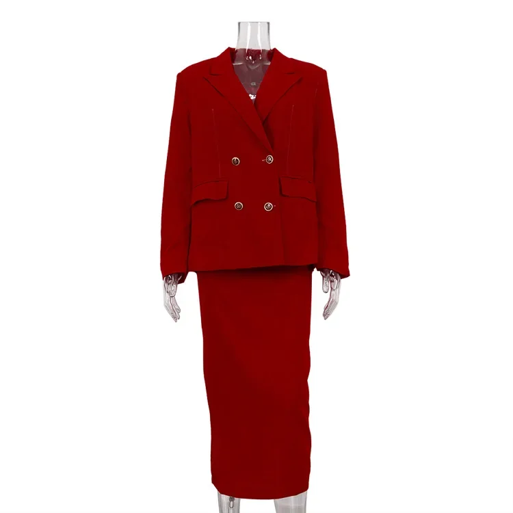 2025 Red Luxury Skirt Suit Lapel Long Sleeve Blazer Slit Bag Hip Skirt Commuting Two-piece Set