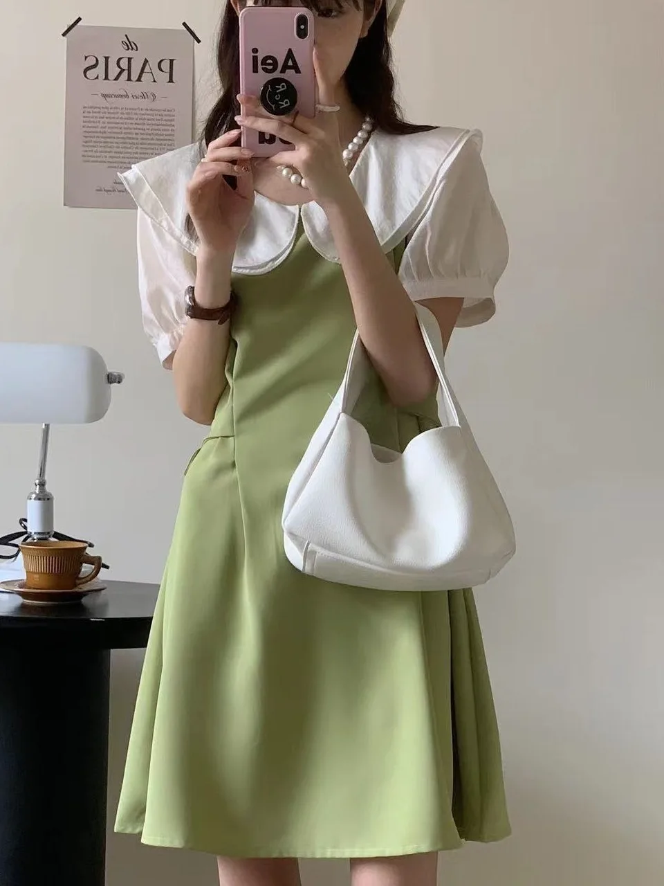 Colar de boneca de camada dupla falso de duas peças dr feminino dongda gate coreano sle commute ort sve cintura costurada verão dr