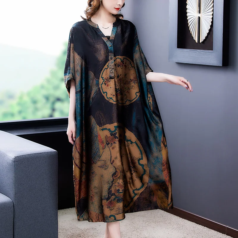 

Loose 2023 Casual Flesh Covering Print Mulberry Silk Long Summer Retro 4XL Plus Size Chiffon Dress Women Vestidos