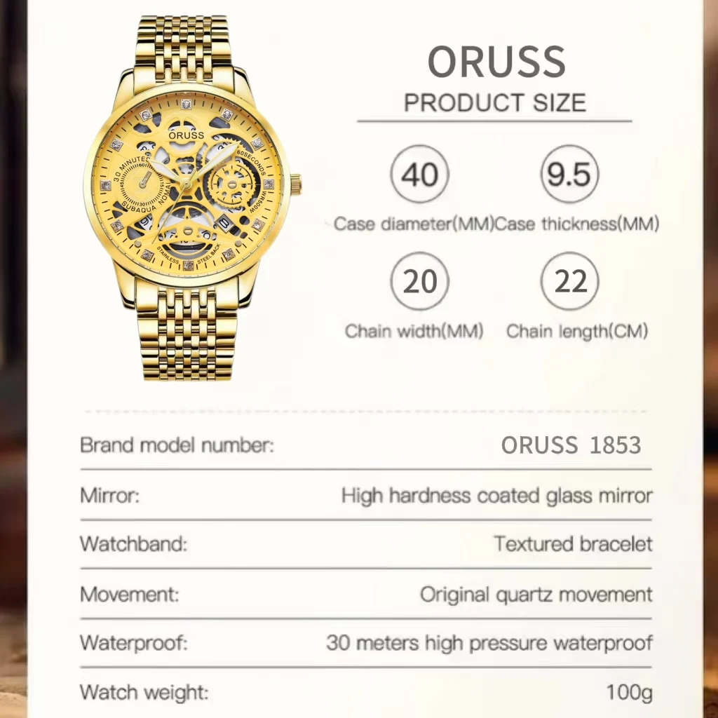 ORUSS оригинальные мужские часы из нержавеющей стали с двойным календарем, водонепроницаемые светящиеся роскошные золотые часы, модные кварцевые мужские наручные часы, новое поступление