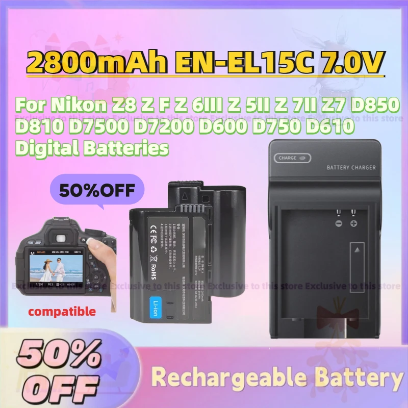 New 2800mAh EN-EL15C 7.0V Battery for Nikon Z8 ZF Z 6III Z 5II Z 7II Z7 D850 D810 D7500 D7200 D600 D750 D610 Digital Batteries