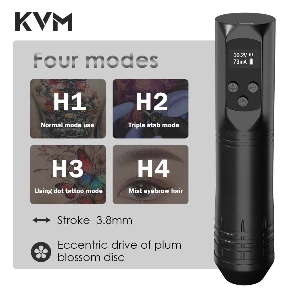 

Беспроводная ручка для татуировки KVM, ход 4 мм, светодиодный, 4 передачи, регулируемая тату-машинка, подходит для начинающих, принадлежности для тату-пистолета