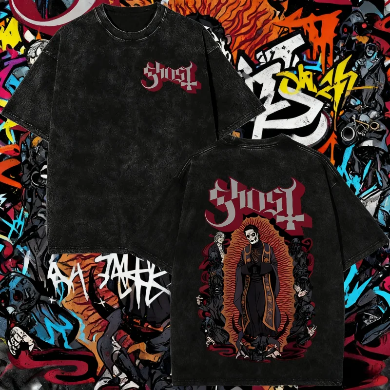 

2025 Summer Vintage Washed Ghost Skeletour World Tour Album Man Woman Classic Leisure Hip-hop 100% Pure Cotton Printed T-shirt