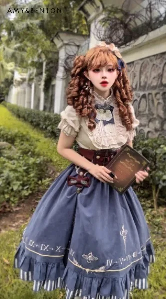 

2025 Summer New Short Sleeve Stand Collar Shirt Embroidered Navy Blue Half Skirt Bow Waistband Palace Style Women's Skirt Set