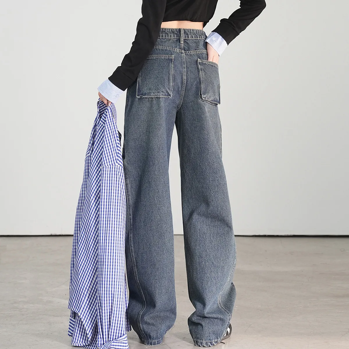 LOUIS YAO High Waisted Women's Jeans 2026 Spring Retro Loose Casual Streetwear Bottoms Split Line Denim Pants for Women