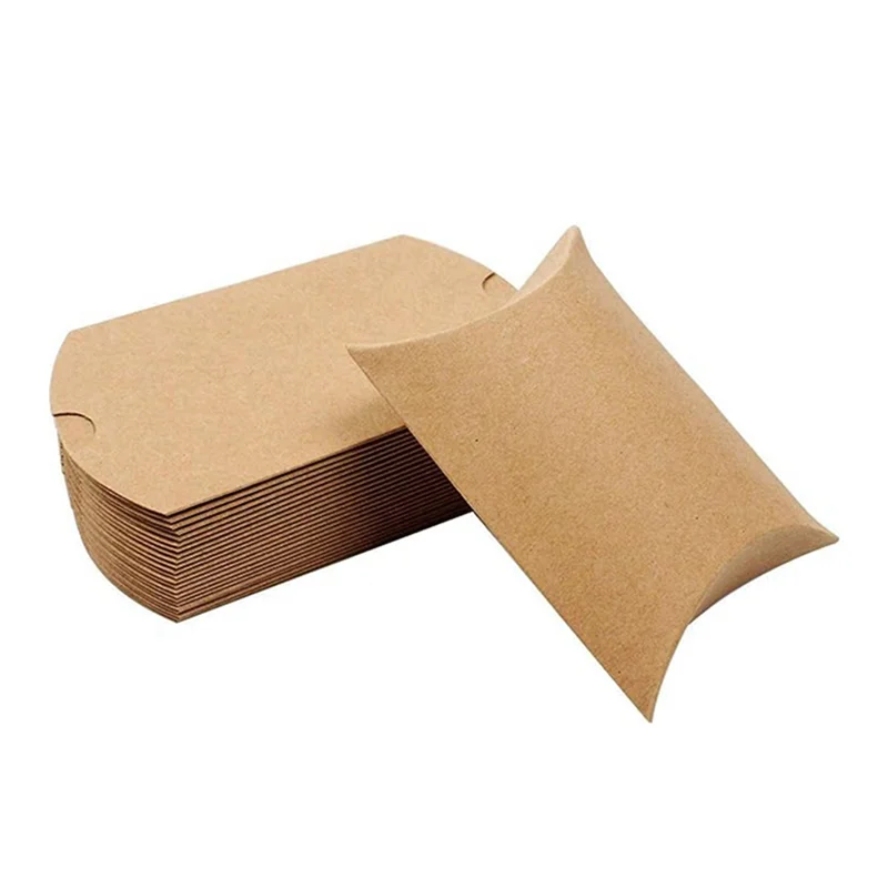 100 Pcs Kraft Paper Pillow Boxes, Candy Boxes with Twine, Christmas and Halloween Wedding Gift Packaging Boxes