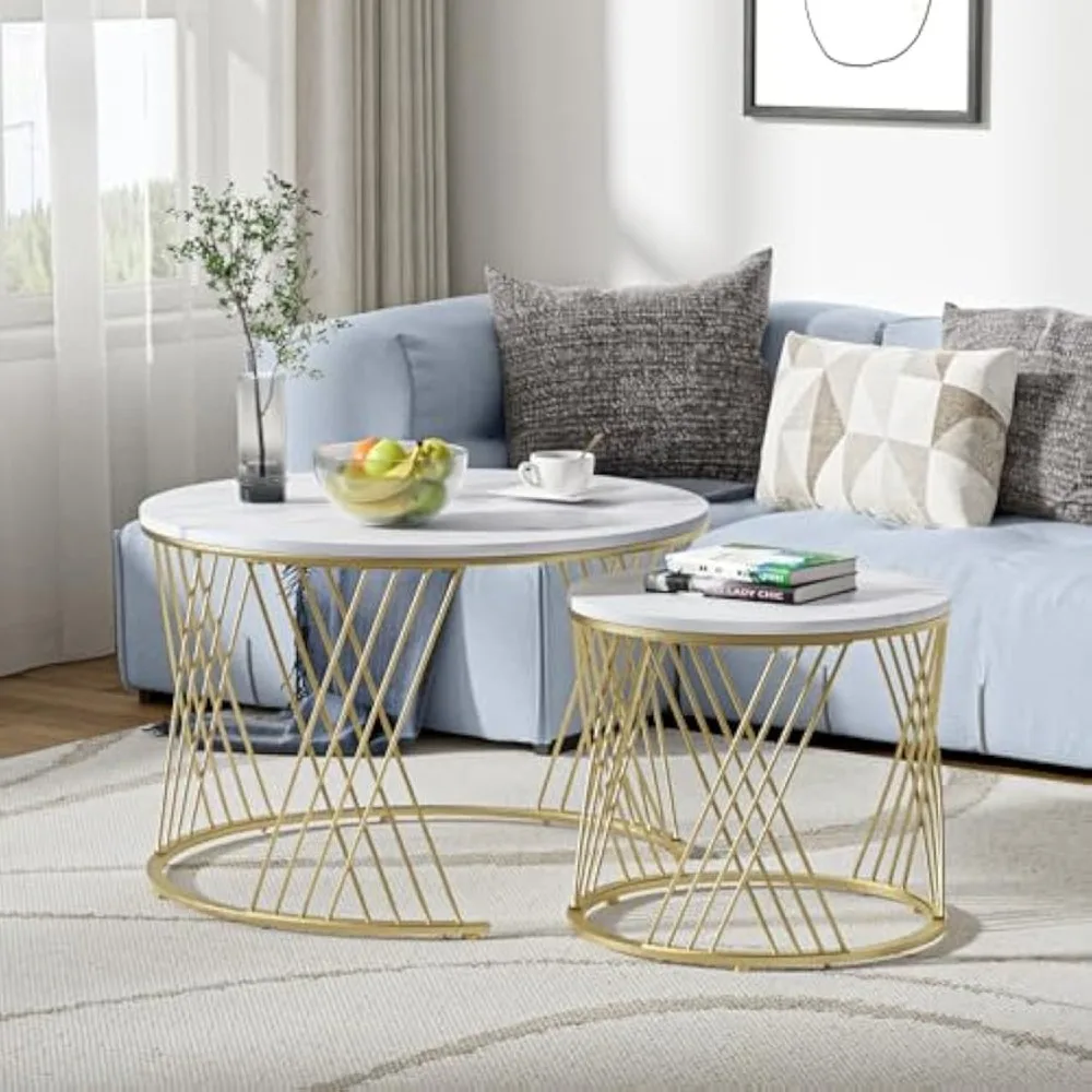 Giluta Round Coffee Table Set of 2, Modern Coffee Tables for Living Room, Faux Marble Center Table, Nesting Coffee Table Simple