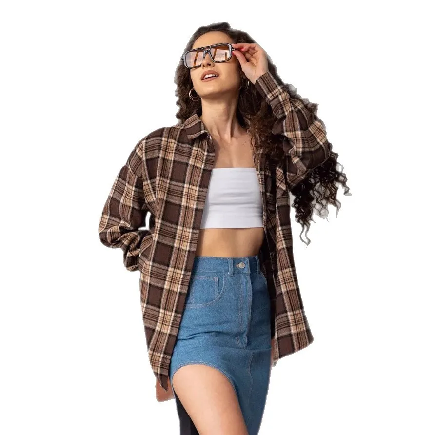 Camisa Camel para mujer, camisa holgada a cuadros de manga larga, cárdigan, Top informal para mujer, camisa Vintage con botones, cuello tipo Polo, mezcla de algodón