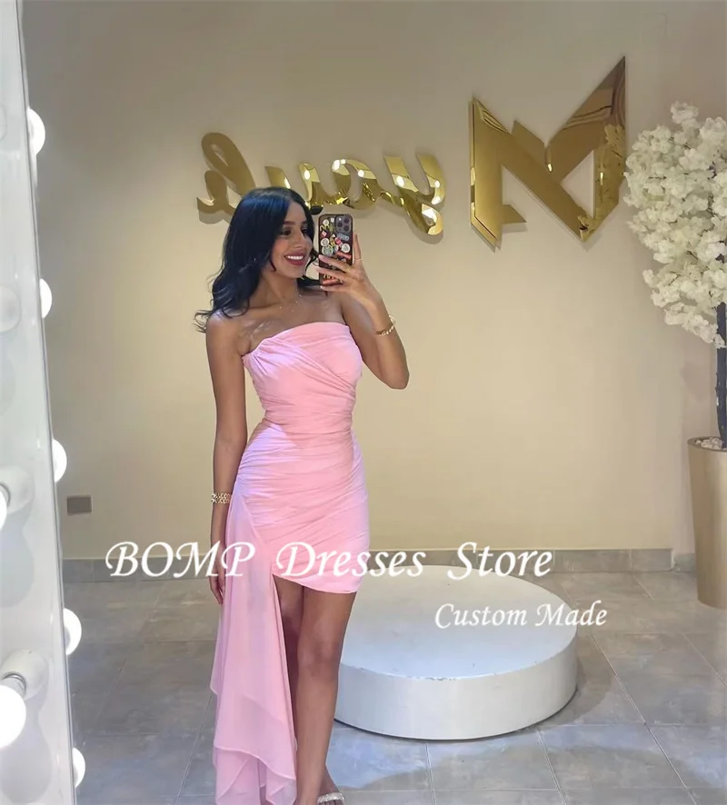 BOMP 간단한 핑크 미니 짧은 칵테일 댄스 파티 드레스 생일 공식 이브닝 가운 Strapless 쉬폰 여름 스커트 맞춤형