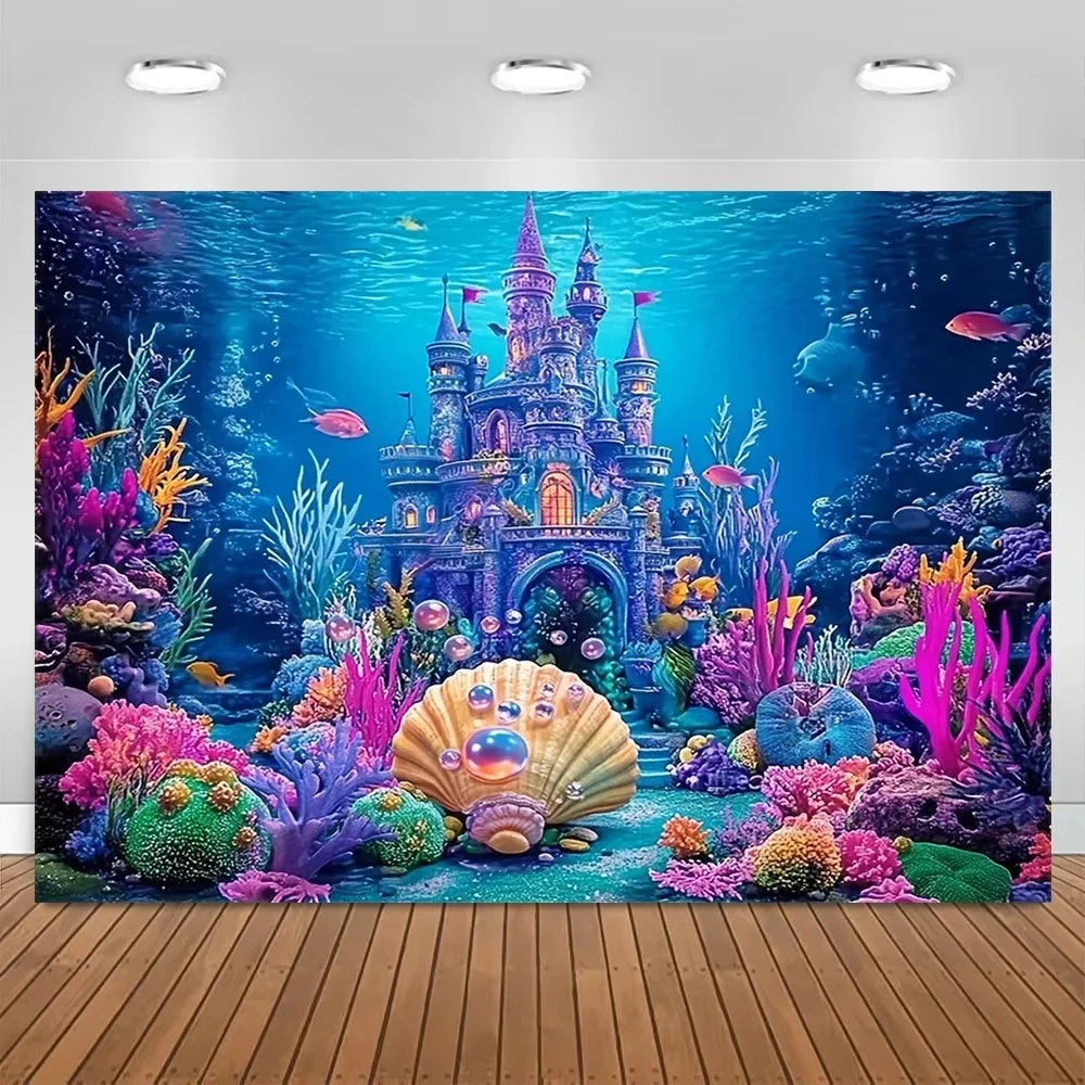 حورية البحر تحت البحر للأطفال حفلة عيد ميلاد خلفية تحت الماء العالم القلعة موضوع التصوير خلفية استحمام الطفل راية ديكور