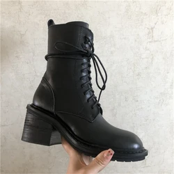 Genuine Leather Women Platform Ankle Boots Lace-up Chunky High Heel Ladies Black Short Booties Cowboy Botas Femininas