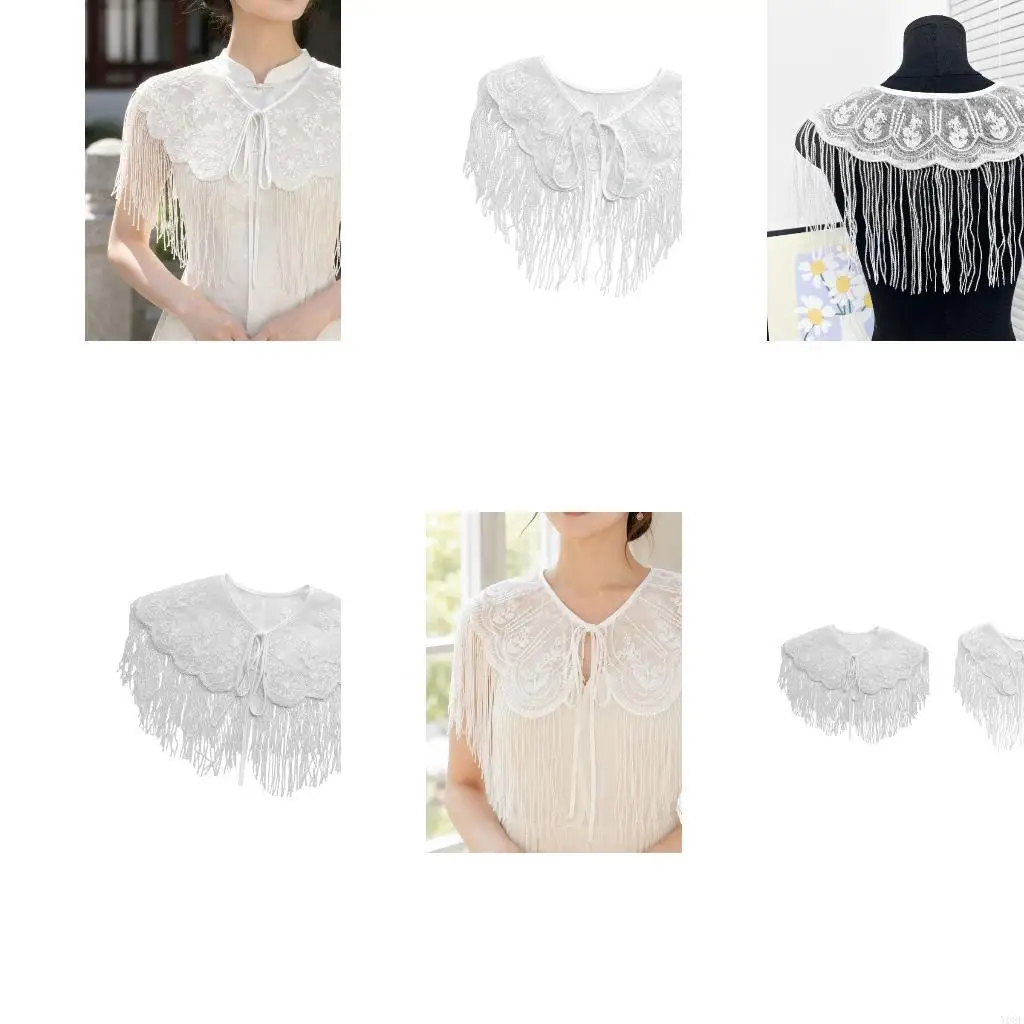 Shoulder Cover Accessory with Embroidered Mesh Fringe Trim and Front Tie for Dress Styling and Formal Layering Y08E