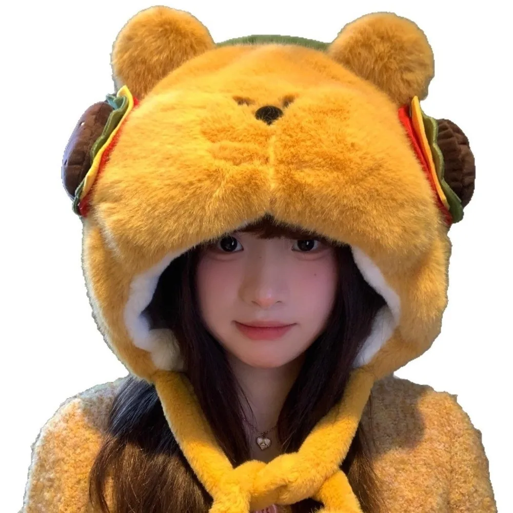 

Fashion Warm Winter Hat Woolen Velvet Beanies Hat Ear Protection Hamburger Bomber Cap Women