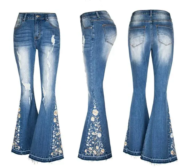 Women Embroidery Flare Jeans Elasticity Released Hem Skinny Jeans Stretching Women Jeans EUR Size 34-42