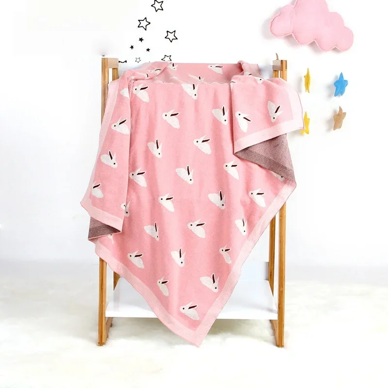 Cute Rabbit Print Knitted Baby Blanket 100*80cm Multi Use Soft Swaddle Wrap Stroller Cover or Play Mat for Newborns