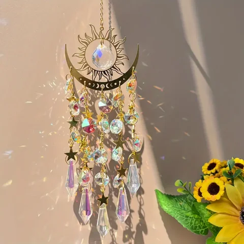 1 Pc Gold Star Moon Outdoor Lighting Crystal Wind Chime Hanging Garden Sun Catcher Holiday Wedding Party Decoration Supplies