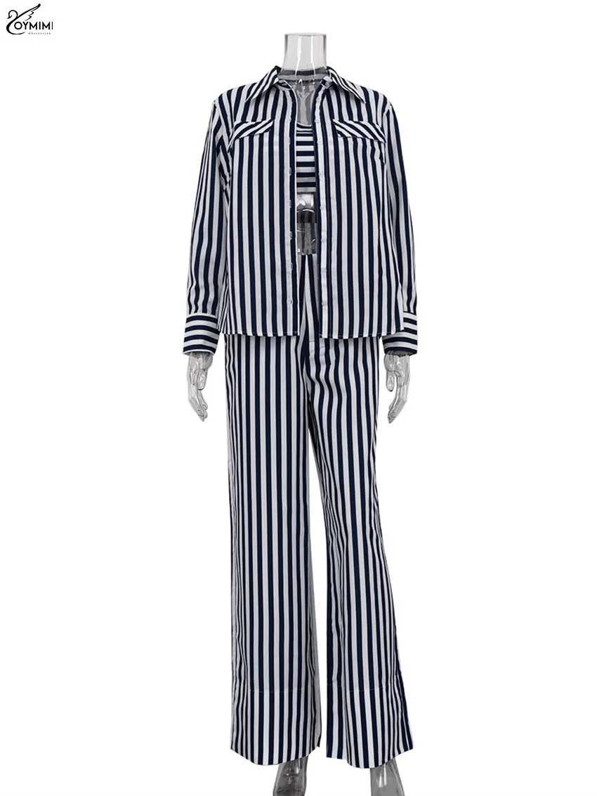 Oymimi Elegantes 3-teiliges Set mit blauem Aufdruck für Damen, modisches Langarm-Hemd mit Knöpfen und trägerlosem BH + Hosen-Set mit geraden Taschen