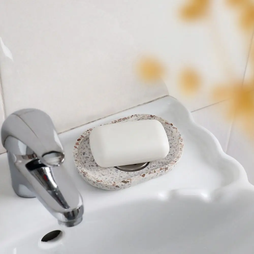 Self Draining Terrazzo Soap Dish Oval Light Luxury Bathroom Soap Tray stainless steel Detachable drain net Soap storage rack