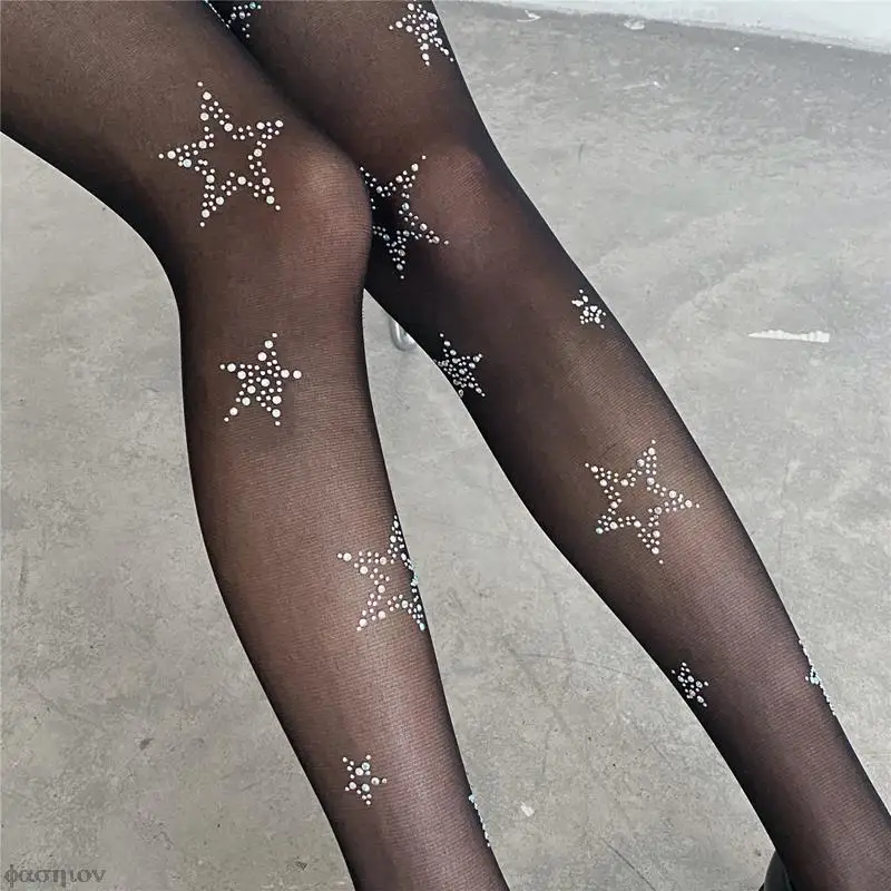 Cute Women Tights Silver Star Print Pantyhose Women Girl Japanese Mesh Transparent Pantyhose Bow Star Tights Stockings JK Lolita