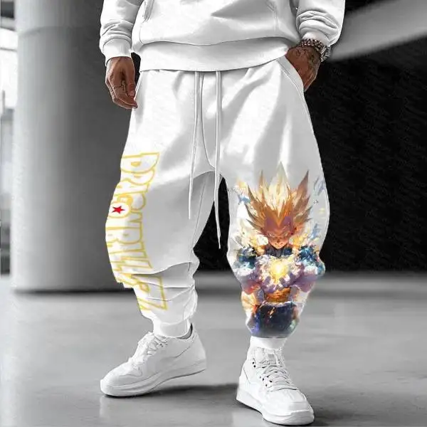 Celana Katun Pola Goku Putih Unisex Celana Panjang Anime dengan Manset di Pergelangan Kaki Gaya Harem Ukuran Ekstra Besar Celana Jogger Kaki Lebar Pakaian Kasual