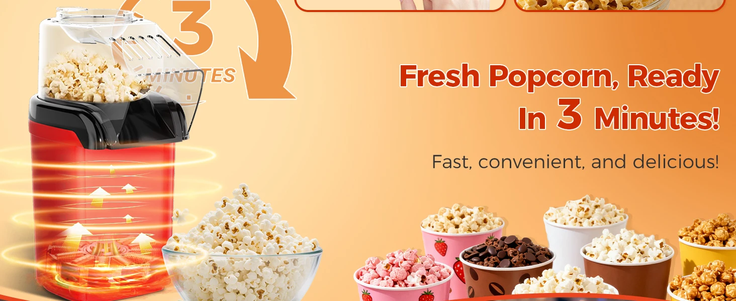 Popcorn Machine, 12-Cup Hot Air Popcorn Popper, Oil-Free, Red