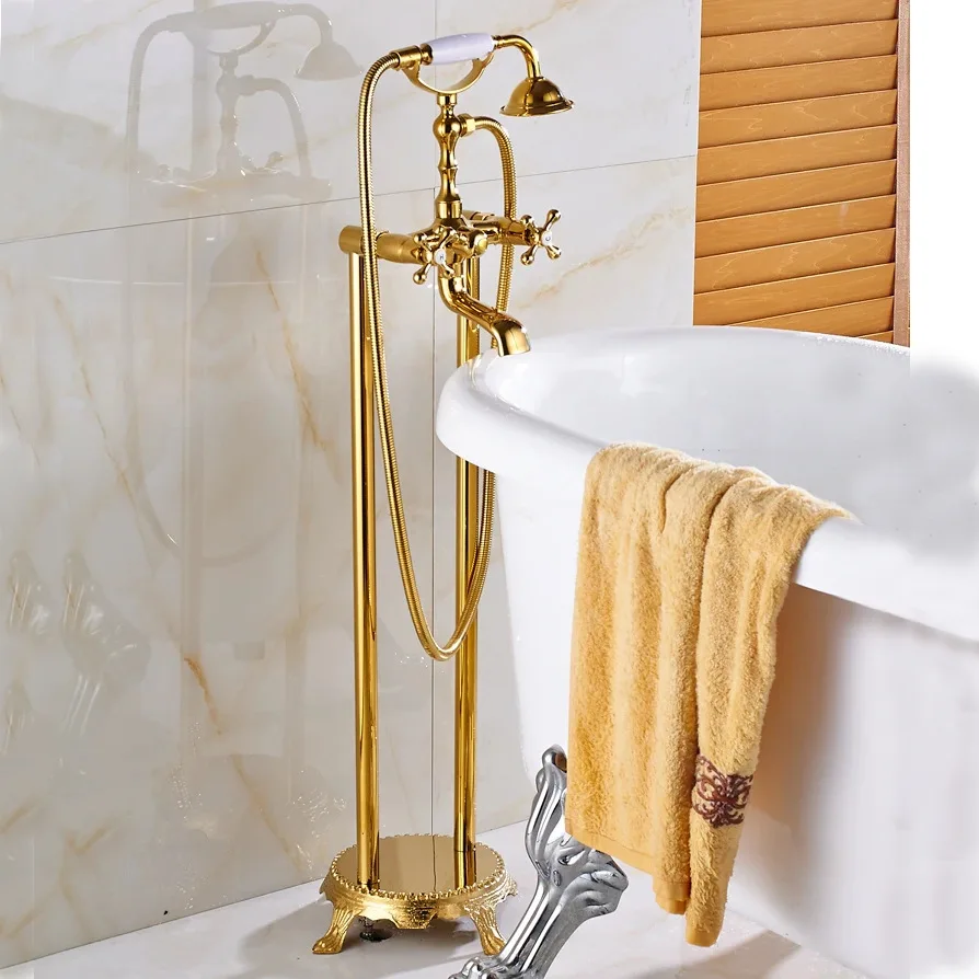 Set di rubinetti per vasca da bagno antichi europei dal pavimento al soffitto in ottone oro nero con secchio in legno concubina verticale per doccia a doppia colonna