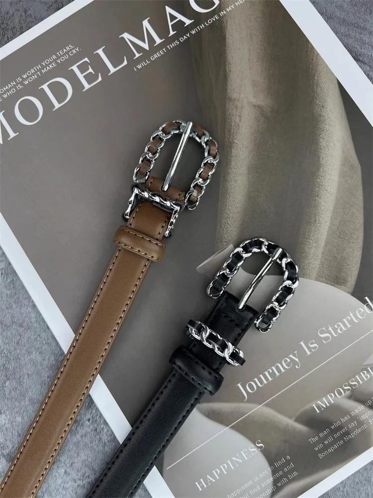 Women's Vintage Buckle Genuine Leather Corset Female Cummerbund Coat Waistband Dress Decration Narrow Belt  J046