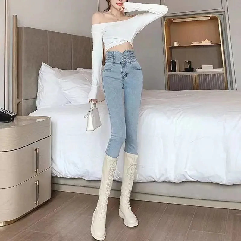 Tight Fitting Jeans With Small Legs For Women Autumn Winter 2023 Plush Thickened High Elastic Slim Fitting Three Breasted Pants