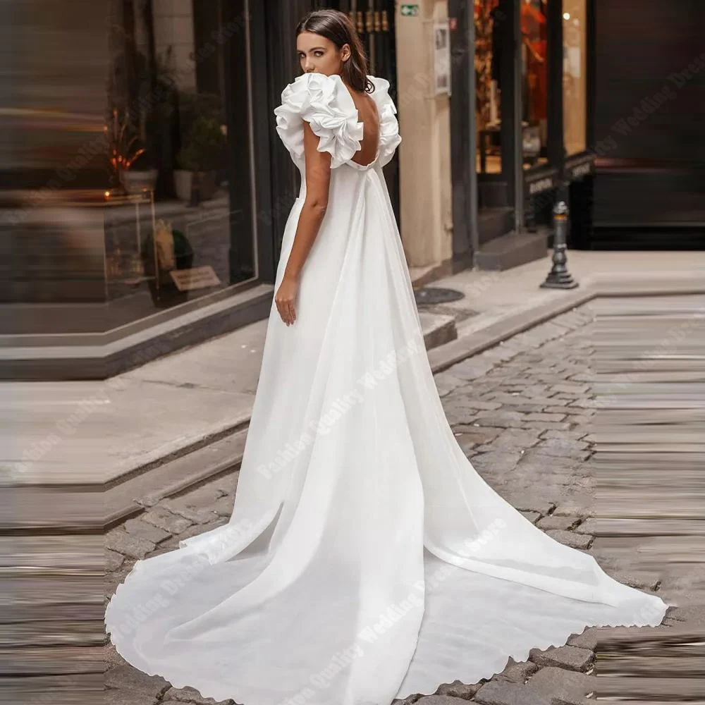 Simple Fashionable Women Wedding Dresses White Vintage Banquet Bridal Gowns Shine Satin Vestidos De Novias With Detachable Train