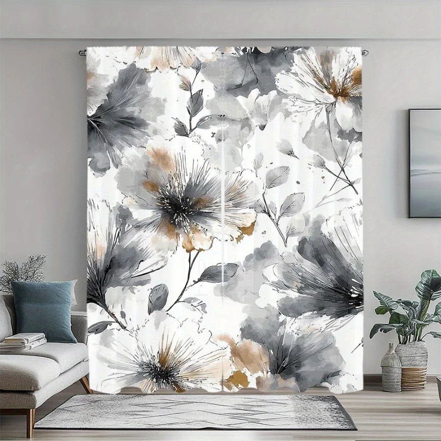 2PCS Digital Printed Curtains, Ink Wash Flower Language Pattern, Stylish Window Treatment for Living Room Bedroom Decor