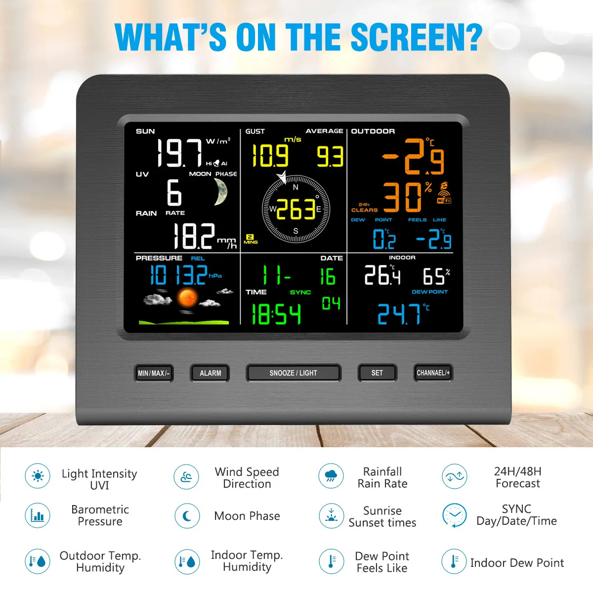 FT0360 Wi-Fi Weather Station Wireless Outdoor Solar Powered 7-in-1 Weather Sensor LCD Console Display Weather Forecast