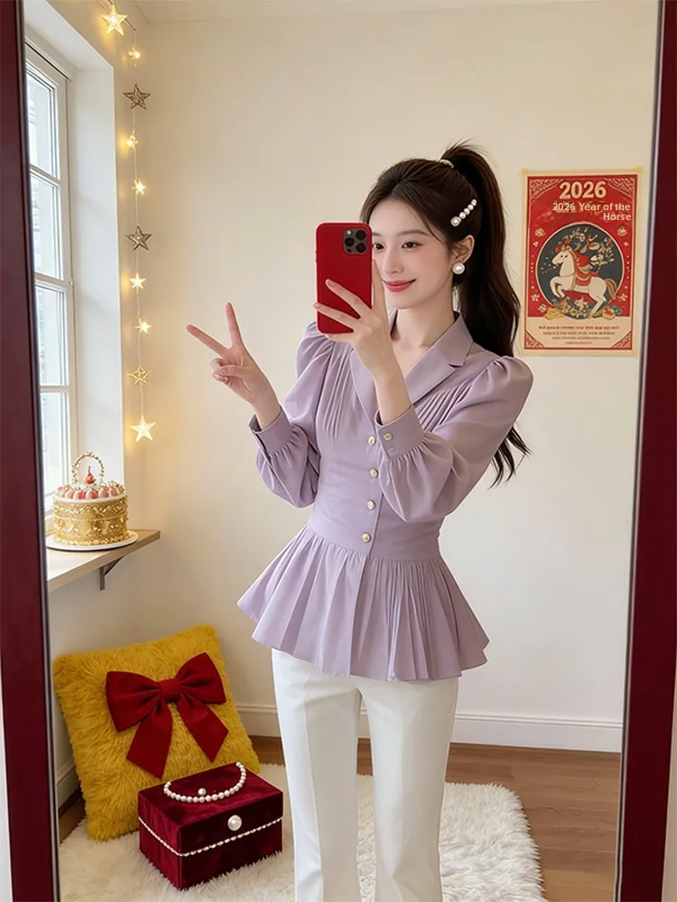 Korean Style Long Sleeve Shirt Women's Spring Autumn Fashionable Turn-down Collar Commute Sweet Top Breathable Skin-friendly