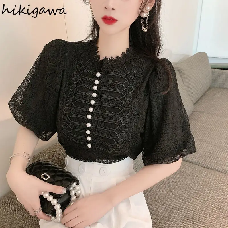 White Women Shirts Puff Sleeve Temperament Lace Chiffon Blouses 2024 Blusas Mujer De Moda Single Breasted Beading Oversized Tops