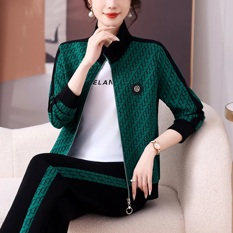 

Весенне-осенний спортивный костюм для женщин: модный, свободный, стройнящий, повседневный комплект из двух предметов (футболка и длинные брюки) из хлопка и полиэстера