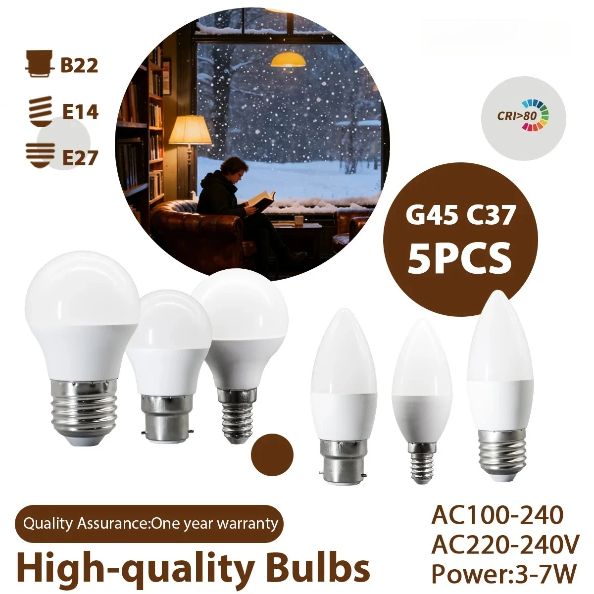5PCS LED Candle Mini Bulbs   C37 G45 3W 5W 6W 7W  E14  E27  B22 Bases   Flicker  Free  AC220V  Ideal for Home   Study Lighting