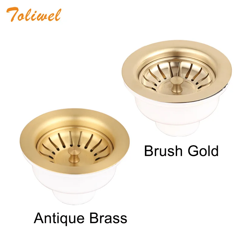 114MM Sink Dish Drainer Strainer Drain Kit for Single Bowl Kitchen Sink Drainage Waste Kit Brushed Gold Brass Filter