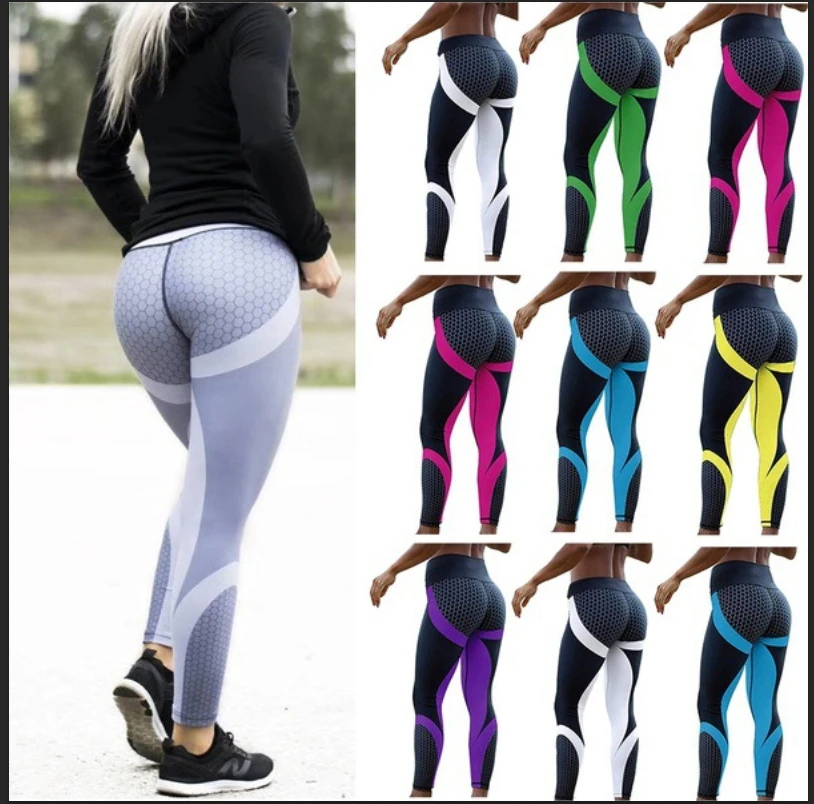 Geometric patchwork honeycomb print hip lift high waist sports fitness yoga pants women's leggings