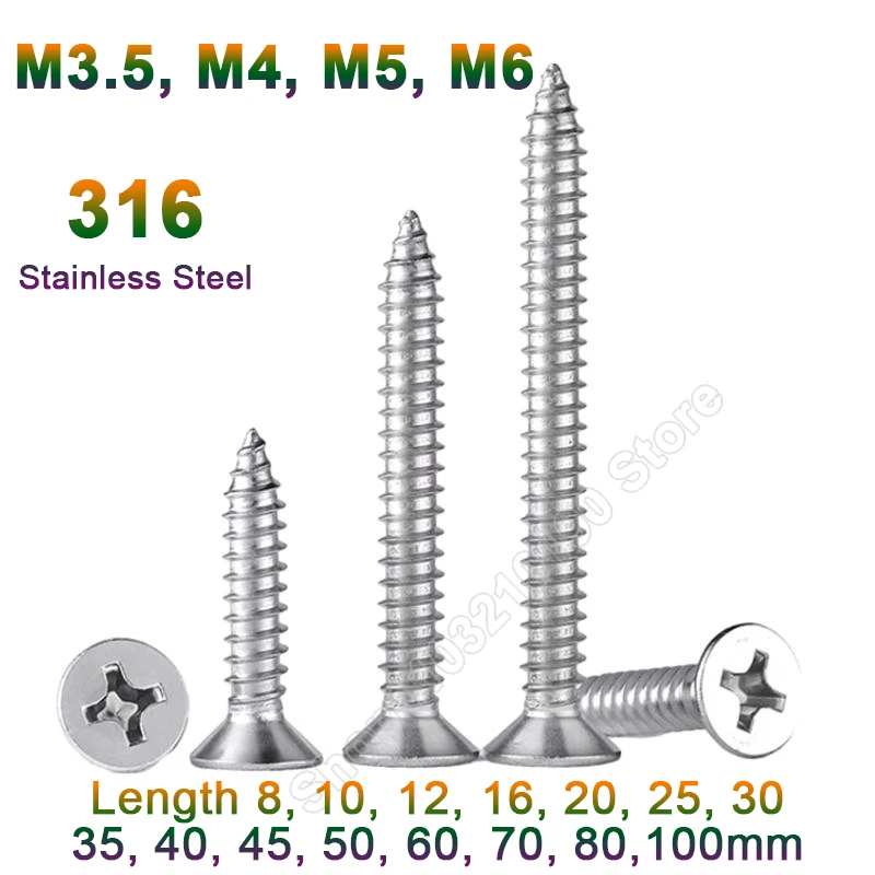 

10-50pc M3.5 M4 M5 M6 High Quality 316Stainless Steel Cross Phillips Flat Countersunk Head Self Tapping Wood Screw Length8-100mm
