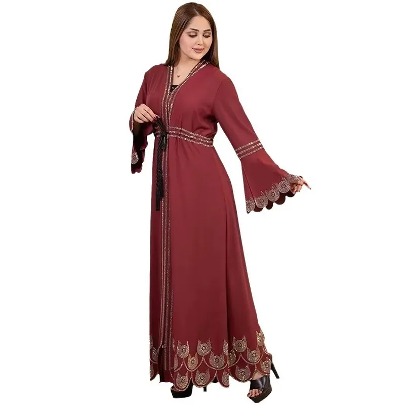 

African Dresses for Women 2024 Summer Elegant African Long Sleeve V-neck Plus Size Long Maxi Dress Muslim Fashion Abaya Dress