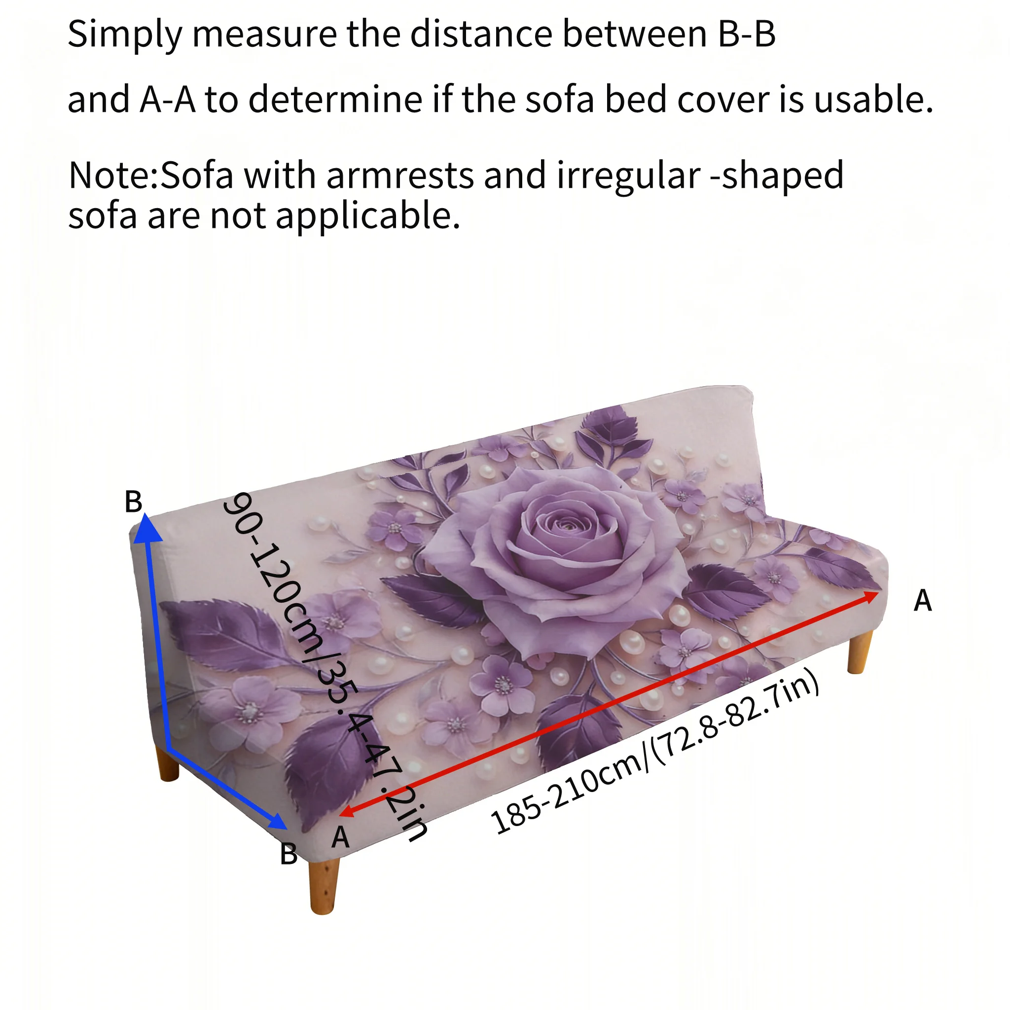 Armrest-free high-elastic sofa bed cover, gentle pearl rose print pattern, dust-proof machine-washable sofa bed cover