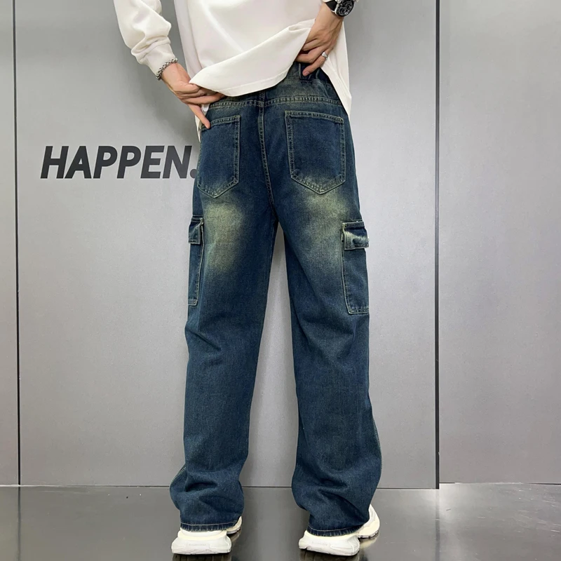 남성용 아메리칸 스타일 대형 포켓 데님, 하이 스트리트, 트렌디, 캐주얼, 느슨한 스트레이트 레그, 남성 의류