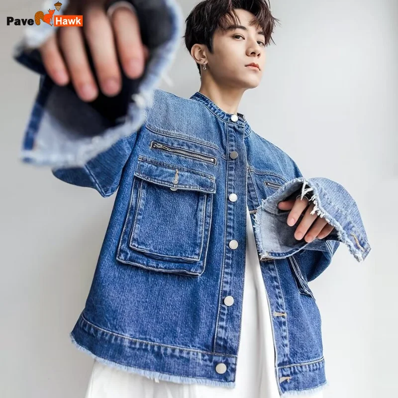 

Big Pocket Tooling Mens Denim Jacket Retro Fringed Design Single Breasted Buckle Cowboy Coats Blue Casual Street Outwear New