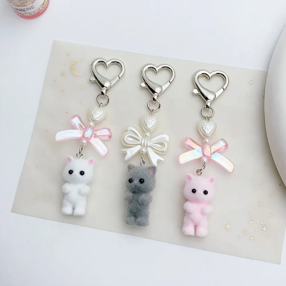 10cm Bow Keychain New Fuzzy Kitty Cat Plush Bear Keyring Pearl Kitten Doll Backpack Pendant Women