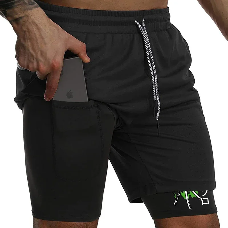 Print 2 in 1 Running Shorts for Men Gym Workout Compression Shorts with Phone Pocket Towel Loop Summer Sport Athletic Activewear