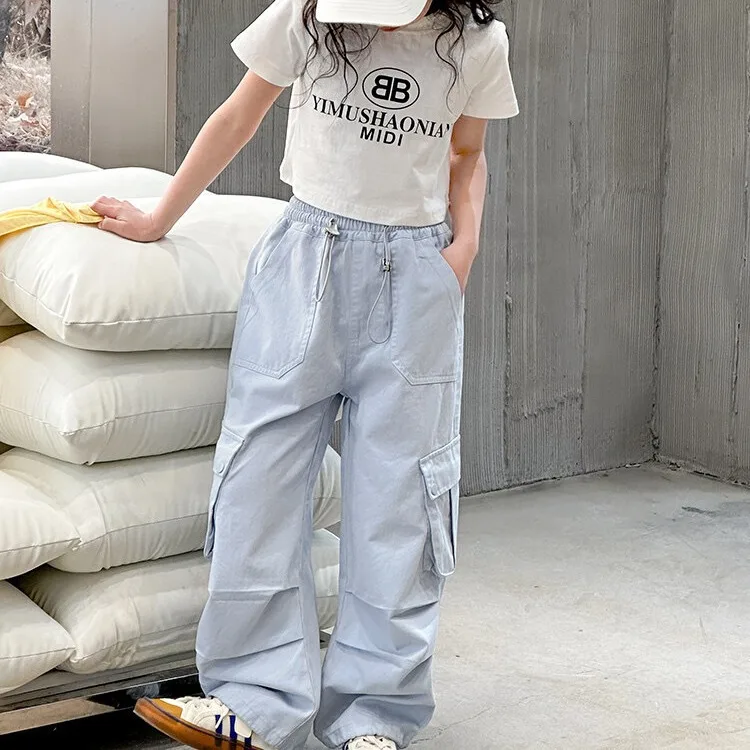 

Girls Pants 2024 Summer New Childrens Clothing Fashion Western Style Girls New Fashion Cargo Pants Casual Simple and Match