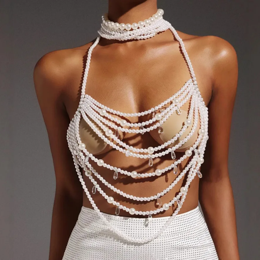 

Multi-layer Hollow Out Plastic Pearls Vest Tanks Top Crop Jewelry Beaded Bra Chain Backless Dance Show Costume Breast Body Chain