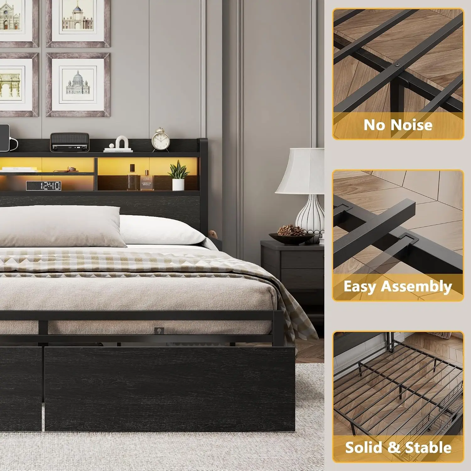 King Size Bed Frame with Storage Headboard & 2 Drawers Black, Customized image 6
