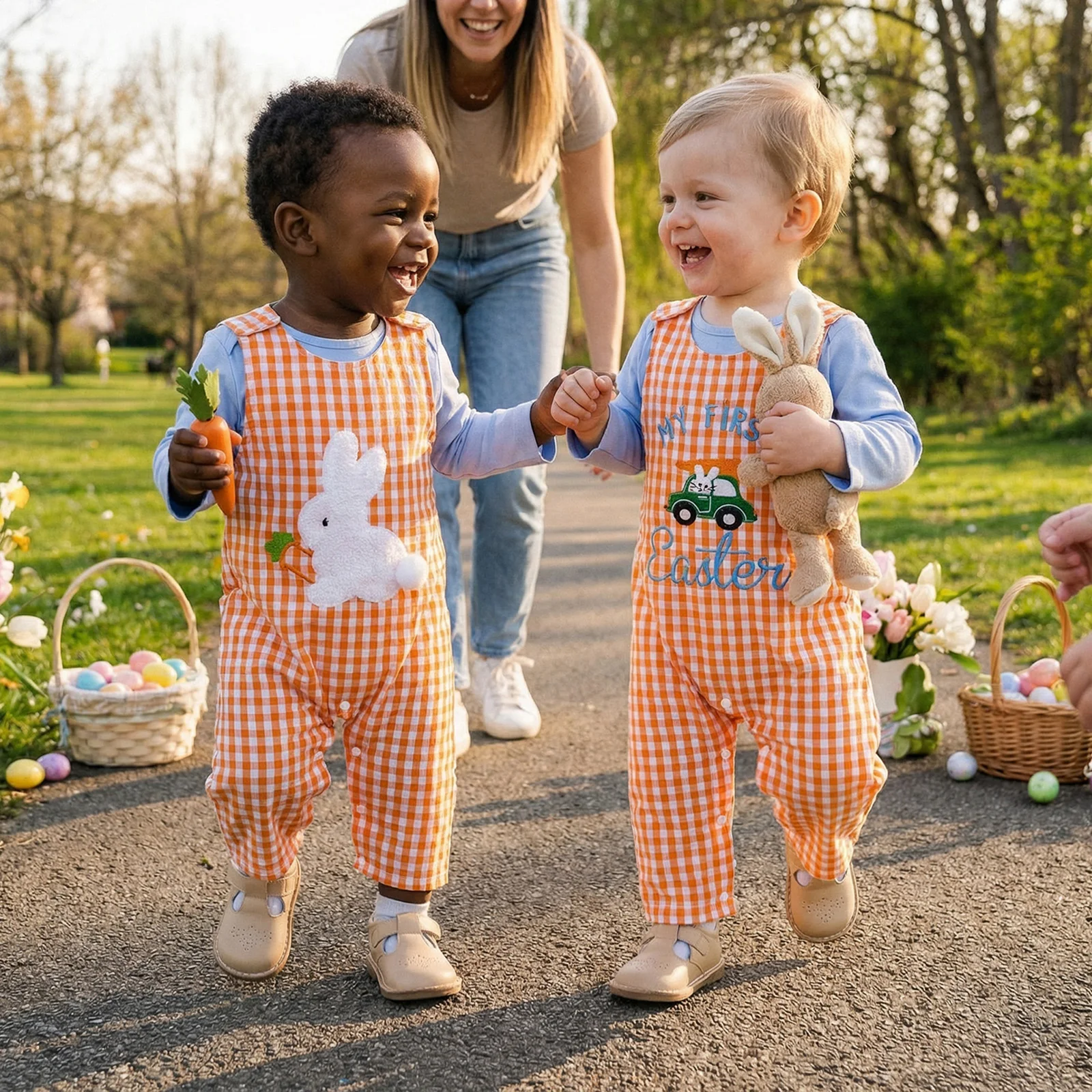 

FOCUSNORM, комплект одежды для новорожденных мальчиков и девочек 0-12 месяцев, пасхальный комплект одежды, комбинезон с длинными рукавами и клетчатой вышивкой, комбинезон, штаны, шапка