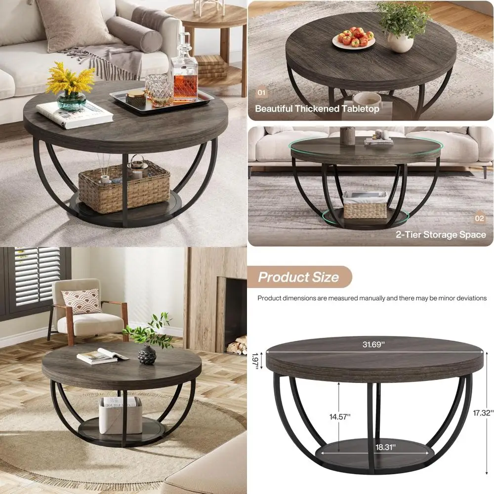 

Modern 2-Tier Wooden Circle Coffee Table with Storage Shelves, 31.7 Diameter, Accent Cocktail Table Center for Contemporary Livi