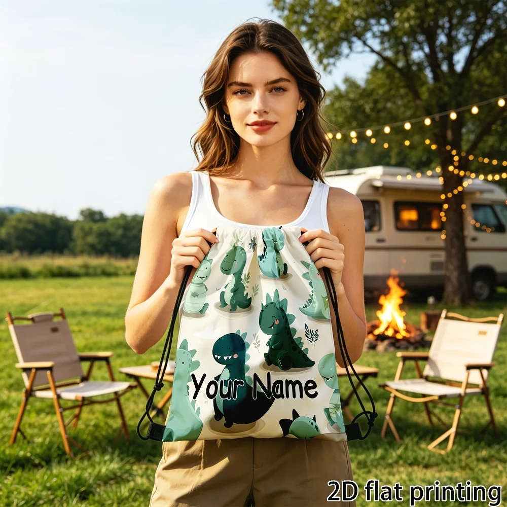 1Pc Custom Name/Text Cute Dinosaur Pattern Drawstring Backpack, Lightweight Sports Bag, Gym Storage Bag, Outdoor Travel Rucksack